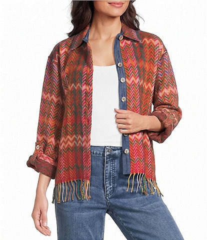John Mark Woven Chevron Pattern Point Collar Long Sleeve Fringe Hem Button Front Jacket
