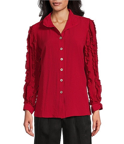 John Mark Woven Collared Ruffle Long Sleeve Button Down Top