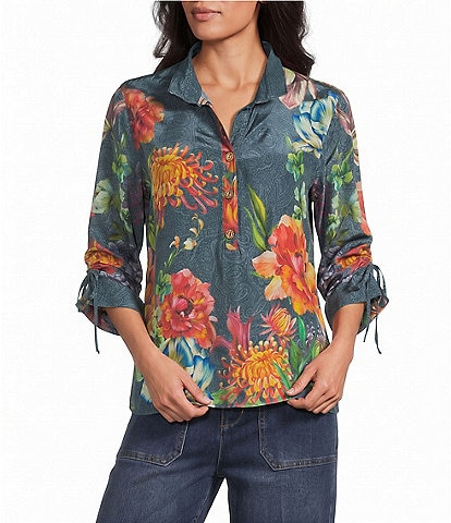 John Mark Woven Denim Multi Floral Texture Print Wire Collar 3/4 Cinched Sleeve Top