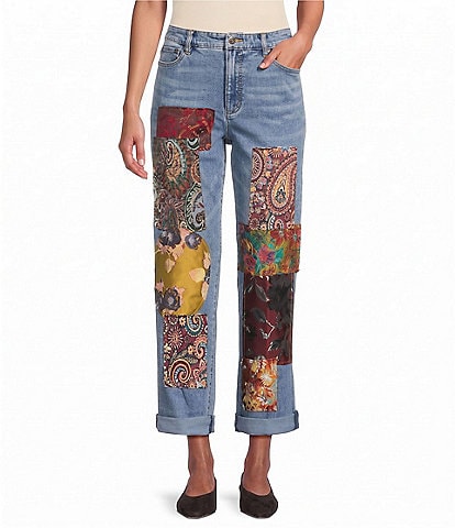 John Mark Woven Denim Multi Matched Print Beaded Patches Straight Leg Ankle Length Jeans
