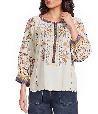 John Mark Woven Ditsy Floral Print Embroidered Scoop Neck 3/4 Sleeve Pullover Top