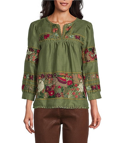 John Mark Woven Embroidered Animal Split V Neck 3/4 Sleeve Pullover Tunic