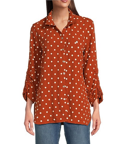 John Mark Woven Embroidered Dot Point Collar Neck 3/4 Sleeve Button Front Top