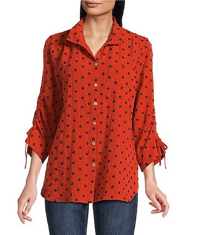 John Mark Woven Embroidered Dot Print Wire Collar 3/4 Sleeve Top