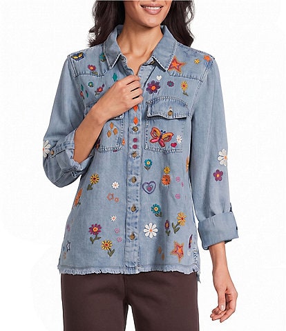John Mark Woven Embroidered Floral And Butterfly Spread Collar Long Sleeve Blouse