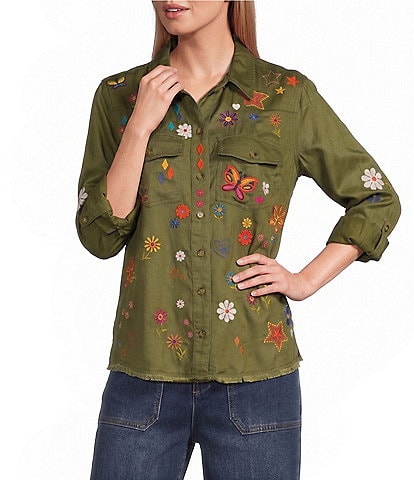 John Mark Woven Embroidered Floral And Butterfly Spread Collar Long Sleeve Blouse