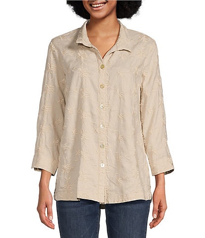 John Mark Woven Embroidered Floral Point Collar Neck 3/4 Sleeve Button Front Blouse