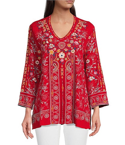 John Mark Woven Embroidered Floral Print V-Neck 3/4 Cuffed Sleeve Tunic