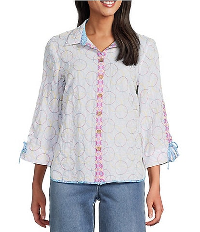 John Mark Woven Embroidered Multi Colored Circles Point Collar 3/4 Cinched Sleeve Button Front Top