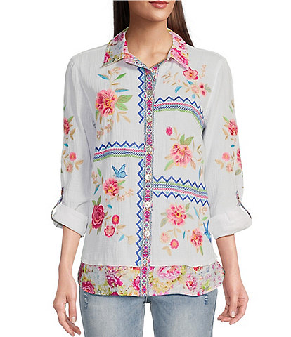 John Mark Woven Embroidered Point Collar Roll Tab Long Sleeve Button Down Tunic