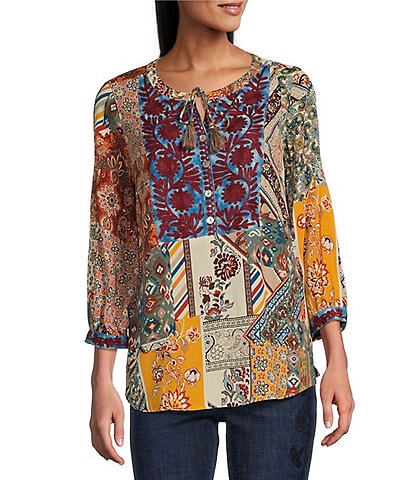 John Mark Woven Embroidered Split V-Neck 3/4 Sleeve Tunic