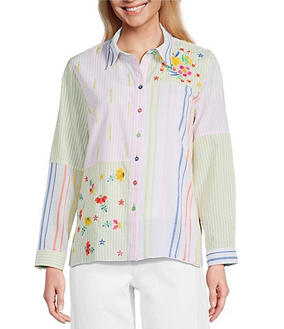 John Mark Woven Embroidered Striped Patchwork Point Collar Roll-Tab Long Sleeve Button Front Shirt