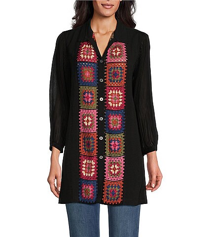 John Mark Woven Floral Crochet Wire Collar Long Sleeve Back Print Button Front Tunic