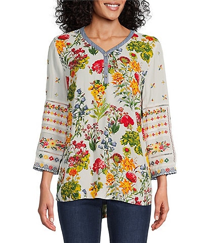 John Mark Woven Floral Embroidered Contrast Trim V-Neck 3/4 Sleeve Tunic