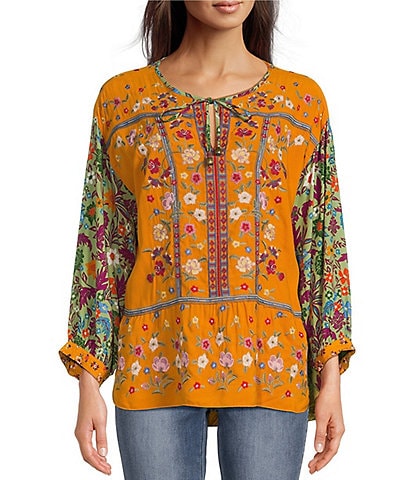 John Mark Woven Floral Embroidered Split Neck Tie Front 3/4 Sleeve Tunic