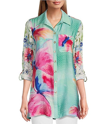 John Mark Woven Floral Multi Point Collar 3/4 Roll-Tab Sleeve Button-Front Tunic