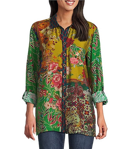 John Mark Woven Floral Multi Print Point Collar Long Sleeve Button Front Top