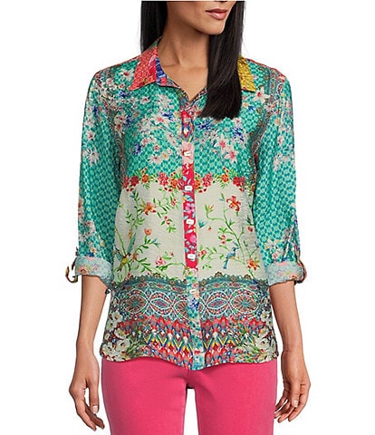 John Mark Woven Floral Printed Point Collar Roll Tab Long Sleeve Curved Hem Button Front Tunic