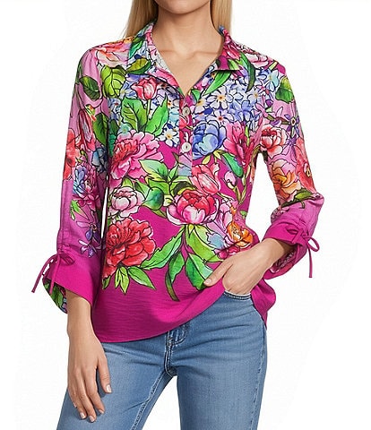 John Mark Woven Hydrangea Floral Wire Collar 3/4 Cinched Sleeve Top