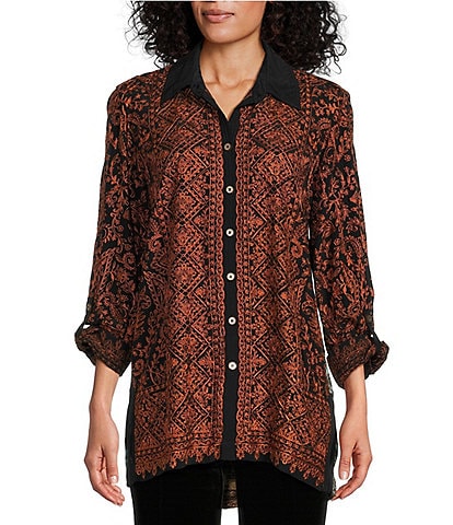 John Mark Woven Jacquard Point Collar Roll-Tab Sleeve Allover Embroidered Button Front Tunic