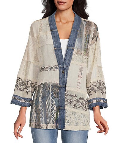 John Mark Woven Lace Patchwork 3/4 Sleeve One Button-Front Jacket