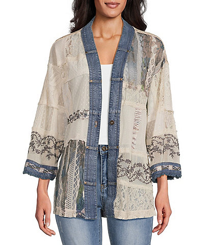 John Mark Woven Lace Patchwork 3/4 Sleeve One Button-Front Jacket