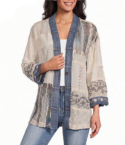 John Mark Woven Lace Patchwork 3/4 Sleeve One Button-Front Jacket
