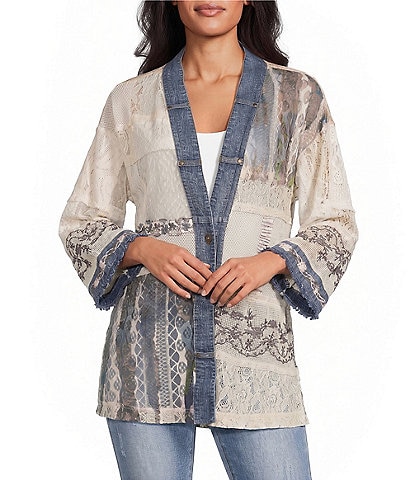 John Mark Woven Lace Patchwork 3/4 Sleeve One Button-Front Jacket