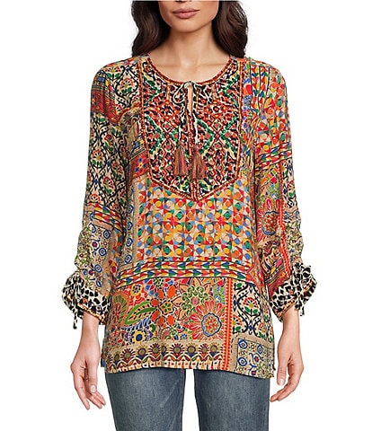 John Mark Woven Mixed Abstract Print Embroidered Split V Neck 3/4 Sleeve Tassel Tie Pullover Tunic