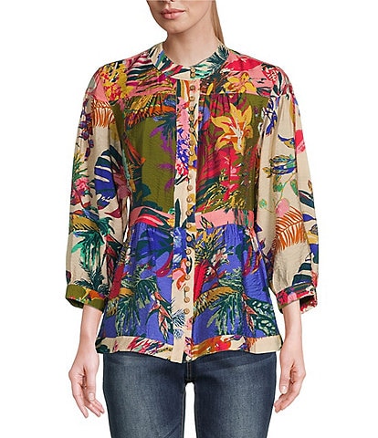 John Mark Woven Multi Floral Print Mandarin Collar 3/4 Blouson Sleeve Button Front Tunic