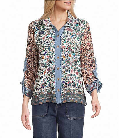 John Mark Woven Multi Floral Wire Collar Long Cinched Sleeve Button-Front Shirt