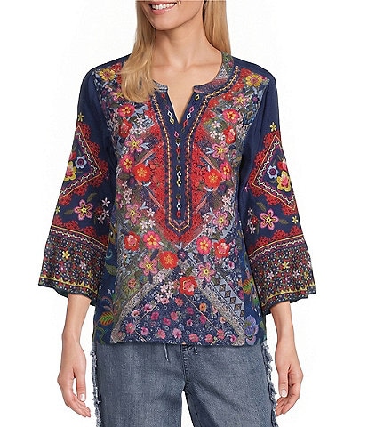 John Mark Woven Multi Scarf Floral Print Embroidered V-neck 3/4 Sleeve Tunic