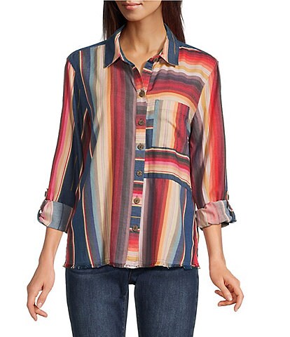 John Mark Woven Multi Stripe Point Collar Long Sleeve Shirt
