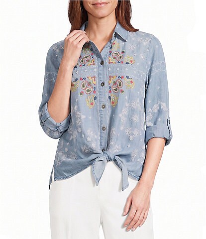 John Mark Woven Paisley Embroidered Point Collar Long Roll Tab Sleeve Button Front Tie Shirt
