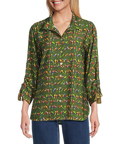 John Mark Woven Parrot Print Wire Collar 3/4 Cinched Tie Sleeve Hi Low Hem Button Front Tunic