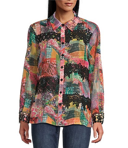 John Mark Woven Patchwork Print Point Collar Long Sleeve Button Front Blouse