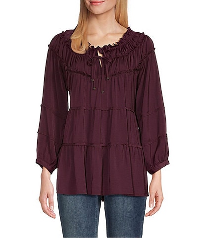 John Mark Woven Peasant Tiered Tie Front Tunic Blouse