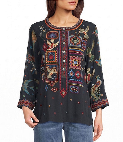 John Mark Woven Placed Print & Embroidery Round Neck 3/4 Sleeve Front button Placket Blouse