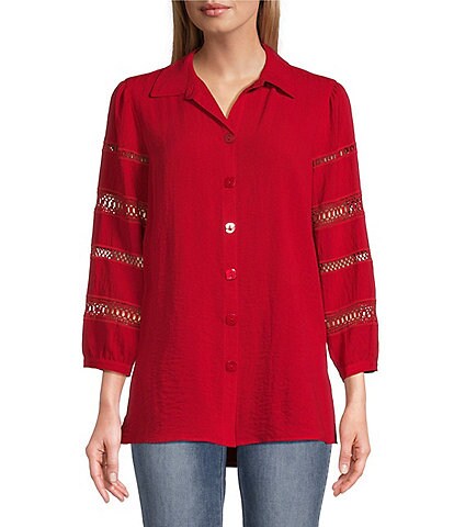 John Mark Woven Point Collar 3/4 Button Cuff Sleeve Embroidered Button Front Blouse
