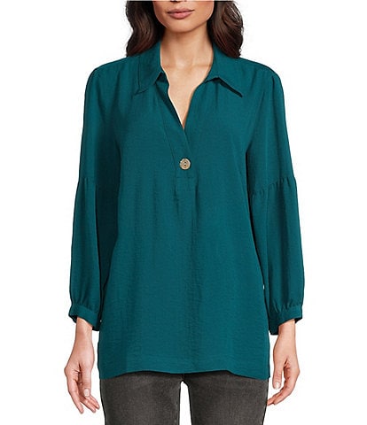 John Mark Woven Point Collar Neck 3/4 Sleeve Single Button Pullover Tunic