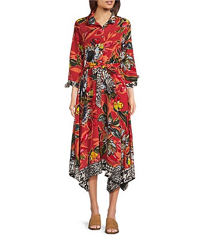 John Mark Woven Print Point Collar Neck 3/4 Sleeve Tie Belt Button Front Midi Dress