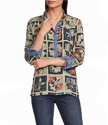 John Mark Woven Quilt Patchwork Mix Print Wire Collar 3/4 Sleeve Top