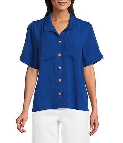 John Mark Woven Solid Wire Collar Short Sleeve Button Front Shirt