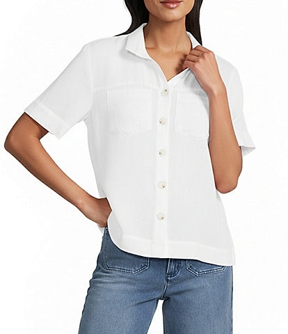 John Mark Woven Solid Wire Collar Short Sleeve Button Front Shirt