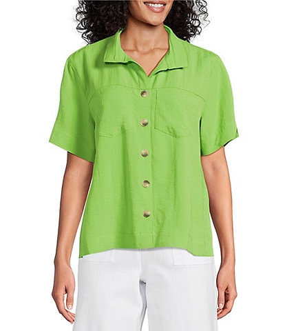 John Mark Woven Solid Wire Collar Short Sleeve Button Front Shirt