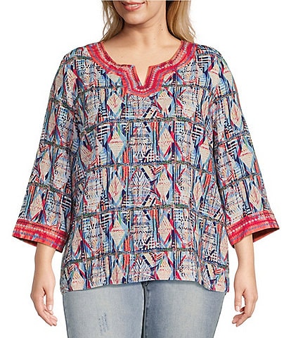 John Mark Plus Woven Split Neck Geometric Abstract Embroidered 3/4 Sleeved Tunic