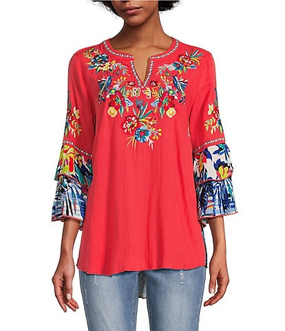 John Mark Woven Tropical Floral Print Embroidered Split Round Neck 3/4 Tiered Ruffled Sleeve Tunic