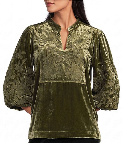 John Mark Woven Velvet Embroidered Split V-round 3/4 Sleeve Pullover Top
