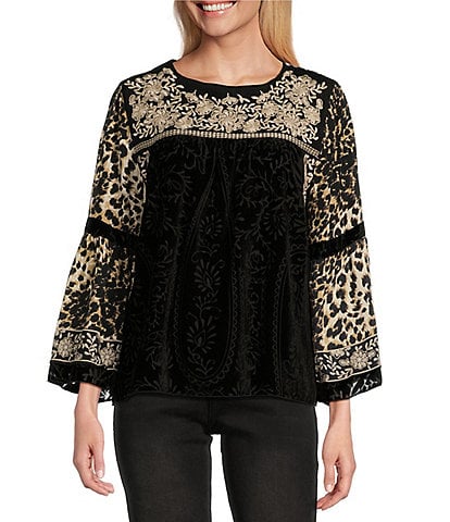 John Mark Woven Velvet Embroidered Round Neck 3/4 Sleeve Top