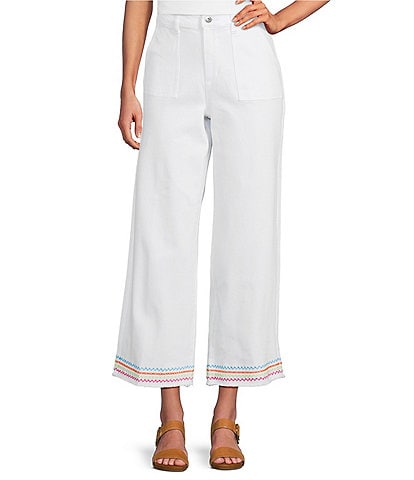 John Mark Woven Wide Leg Embroidered Hem Ankle Pants